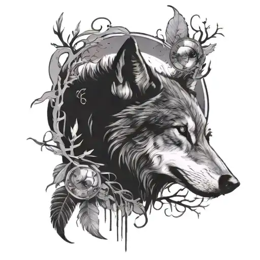 A black and grey tattoo of a wolf surrounded by mystical elements in a moonlit forest tattoo design idea