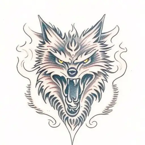 flaming wolf with lots of details tattoo design idea