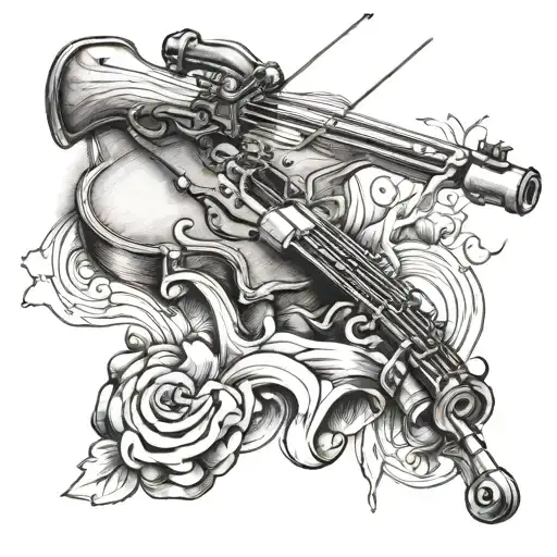 broken fiddle with a crossbow tattoo design idea