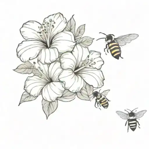 A delicate bouquet of hibiscus flowers with bees flying around them tattoo design idea