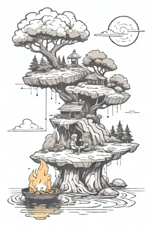 Small floating island with two guys around a campfire  tattoo design idea