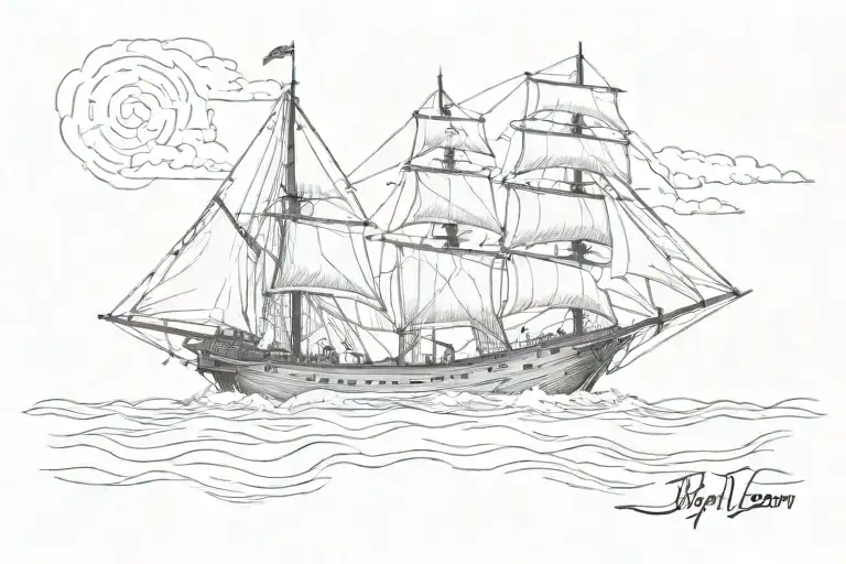 pirate sloop sailing on a horizon with the caption bring me the horizon tattoo design idea