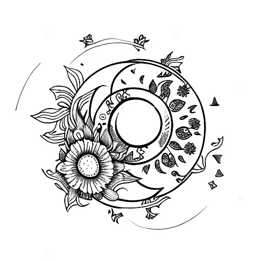 moon sun and flowers tattoo design idea