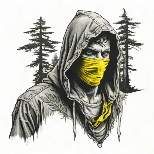 man with hood up and yellow bandana mask stood infront of a road and a dark forest  tattoo design idea