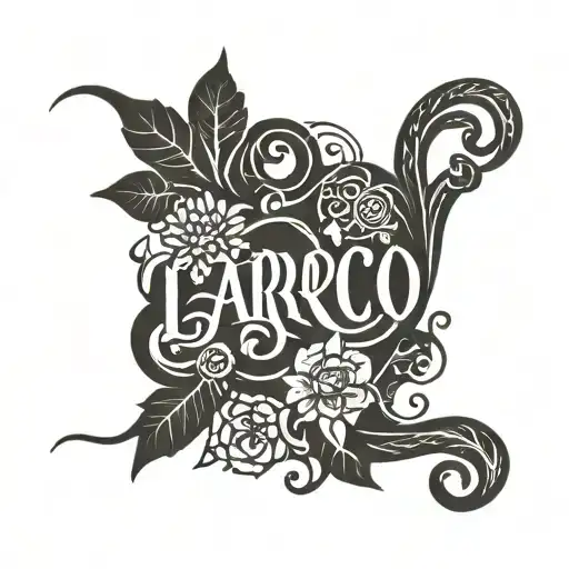 An ambigram tattoo of the text LAROCO incorporating elements of nature, such as trees, flowers, and animals tattoo design idea
