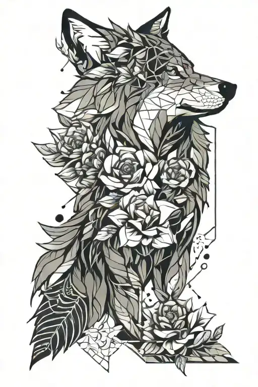 wolf and flowers tattoo design idea