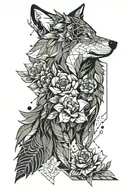 wolf and flowers tattoo design idea