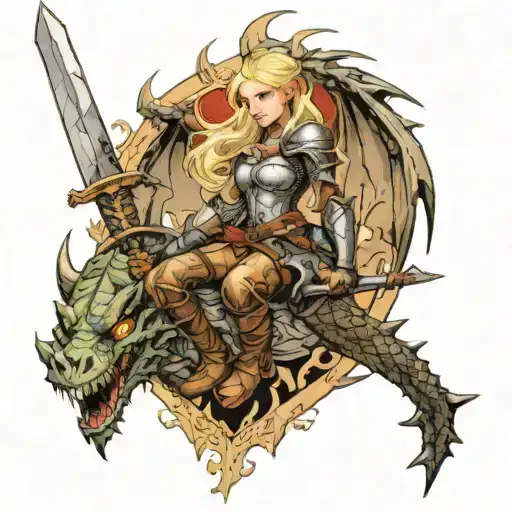 dragon slayer but the knight is a blonde hair girl holding a sword while looking up at a castle with a dragon around it tattoo design idea