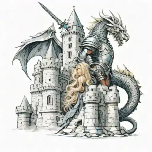 Dragon Slayer but the knight is a female with long blonde hair and a sword in her right hand, looking up toward a castle tattoo design idea