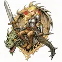 dragon slayer but the knight is a blonde hair girl holding a sword while looking up at a castle with a dragon around it tattoo design idea