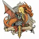 dragon slayer but the knight is a blonde hair girl holding a sword while looking up at a castle with a dragon around it tattoo design idea