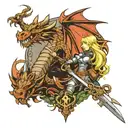 dragon slayer but the knight is a blonde hair girl holding a sword while looking up at a castle with a dragon around it tattoo design idea