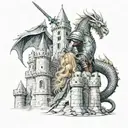 Dragon Slayer but the knight is a female with long blonde hair and a sword in her right hand, looking up toward a castle tattoo design idea
