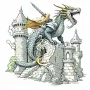 Dragon Slayer but the knight is a female with long blonde hair and a sword in her right hand, looking up toward a castle tattoo design idea
