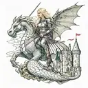 Dragon Slayer but the knight is a female with long blonde hair and a sword in her right hand, looking up toward a castle tattoo design idea