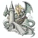 Dragon Slayer but the knight is a female with long blonde hair and a sword in her right hand, looking up toward a castle tattoo design idea