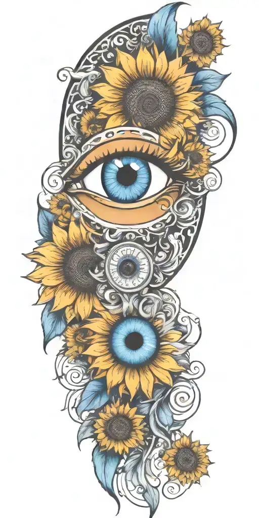 blue eye intergrated with sunflower tattoo design idea