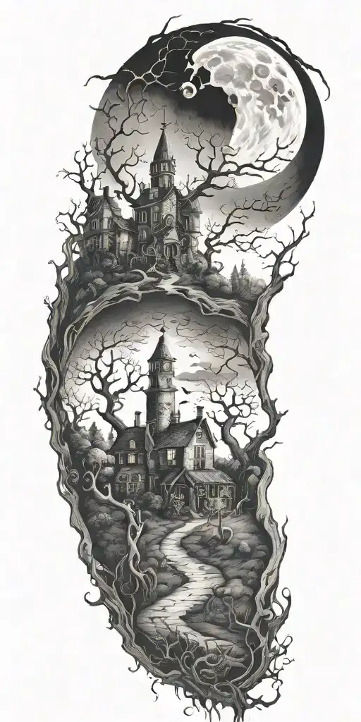 Tim Burton esque outdoor scene tattoo design idea