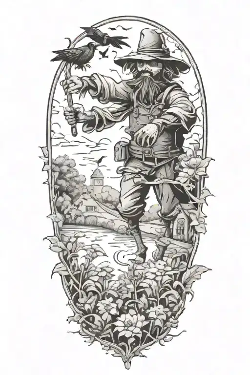 A tattoo showcasing a scarecrow working in a garden filled with crows tattoo design idea