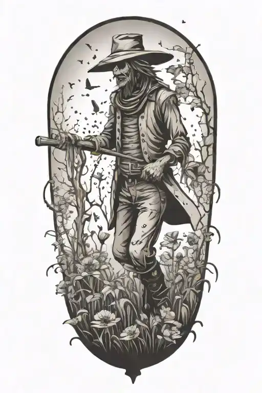 A tattoo showcasing a scarecrow working in a garden filled with crows tattoo design idea