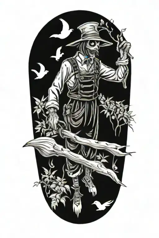 A tattoo showcasing a scarecrow working in a garden filled with crows tattoo design idea