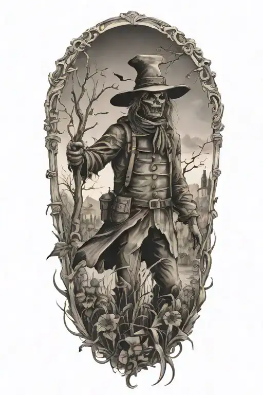 A tattoo showcasing a scarecrow working in a garden filled with crows tattoo design idea