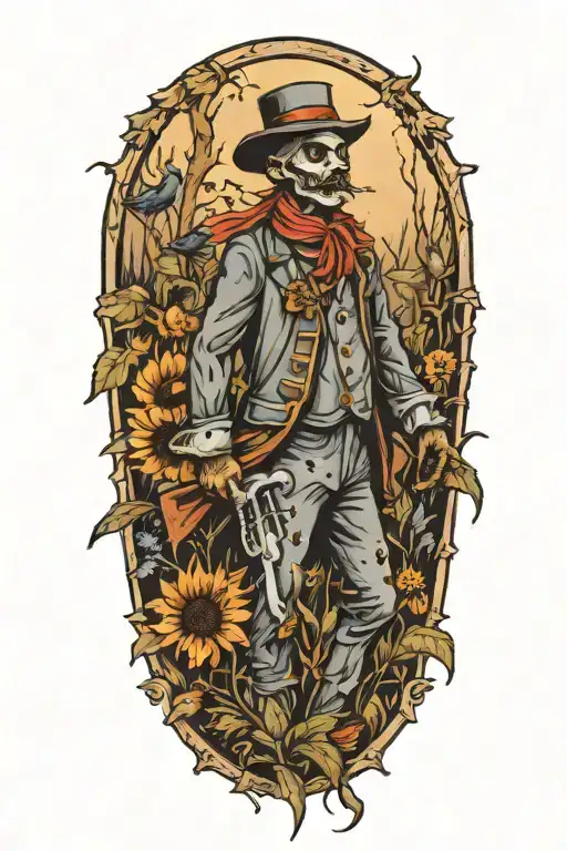 A tattoo showcasing a scarecrow working in a garden filled with crows tattoo design idea