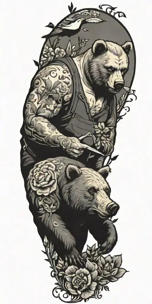 A tattoo showcasing a man bear pig working in a garden filled with crows tattoo design idea