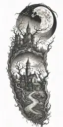 Tim Burton esque outdoor scene tattoo design idea