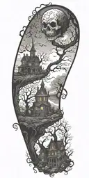 Tim Burton esque outdoor scene tattoo design idea