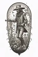 A tattoo showcasing a scarecrow working in a garden filled with crows tattoo design idea