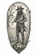 A tattoo showcasing a scarecrow working in a garden filled with crows tattoo design idea