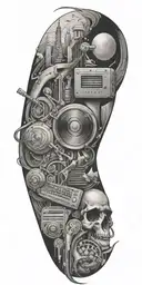 An abstract tattoo combining elements of music, art, and gaming in a twilight zone setting tattoo design idea