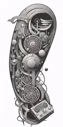 An abstract tattoo combining elements of music, art, and gaming in a twilight zone setting tattoo design idea