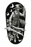 A tattoo showcasing a scarecrow working in a garden filled with crows tattoo design idea