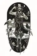 A tattoo showcasing a scarecrow working in a garden filled with crows tattoo design idea