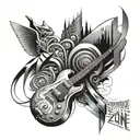 An abstract tattoo combining elements of music, art, and gaming in a twilight zone setting tattoo design idea