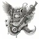 An abstract tattoo combining elements of music, art, and gaming in a twilight zone setting tattoo design idea