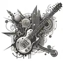 An abstract tattoo combining elements of music, art, and gaming in a twilight zone setting tattoo design idea