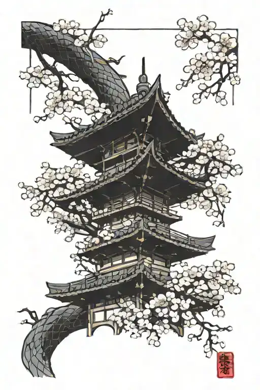 A Japanese style tower with cherry blossoms coming out of the windows with a dragon wrapping around it   tattoo design idea