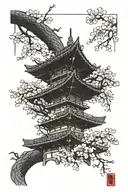 A Japanese style tower with cherry blossoms coming out of the windows with a dragon wrapping around it   tattoo design idea