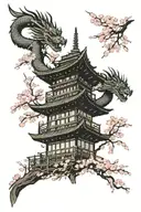A Japanese style tower with cherry blossoms coming out of the windows with a dragon wrapping around it   tattoo design idea