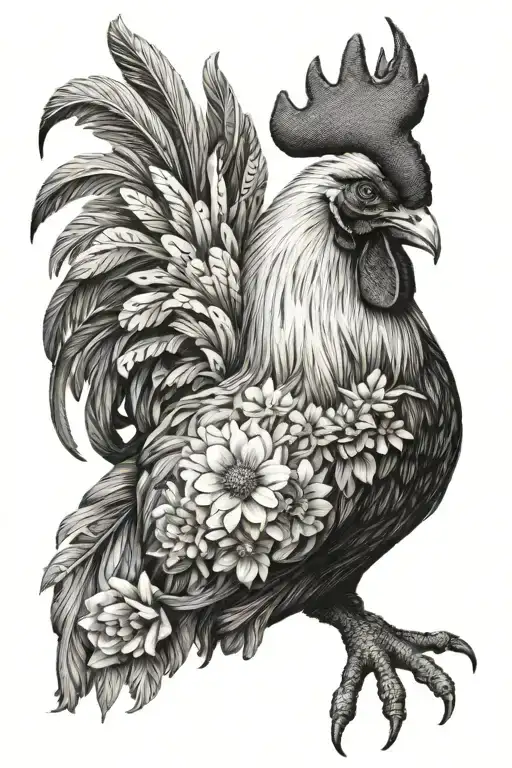 Rooster with a baby chick with a coralie dahlia flower tattoo design idea