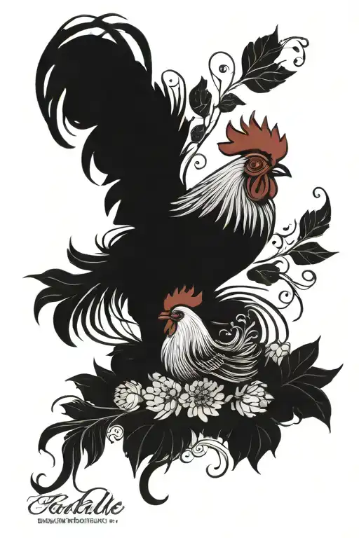 Rooster with a baby chick with a coralie dahlia flower tattoo design idea