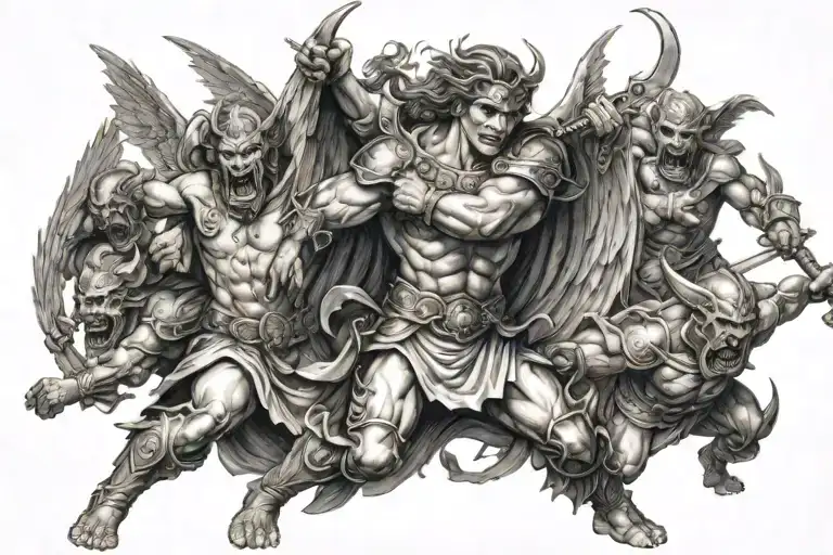Angel warrior fighting a group of demons engaged tattoo design idea