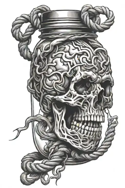 Brain tied to a rope cut by scissors that has a broken jar tied to the other end. tattoo design idea