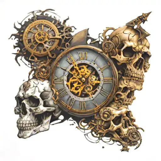 skulls, broken clock, stars, gears incorporated tattoo design idea