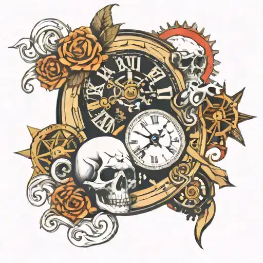 skulls, broken clock, stars, gears incorporated tattoo design idea
