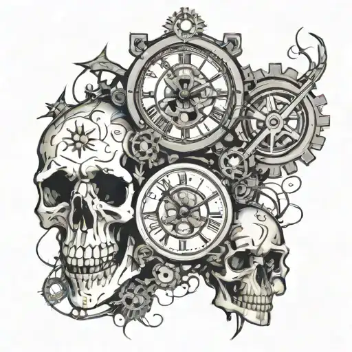skulls, broken clock, stars, gears incorporated tattoo design idea