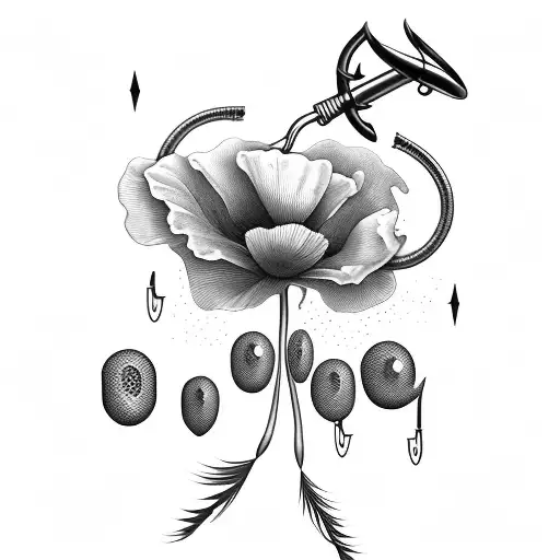 poppy with fishing hooks coming off stem tattoo design idea